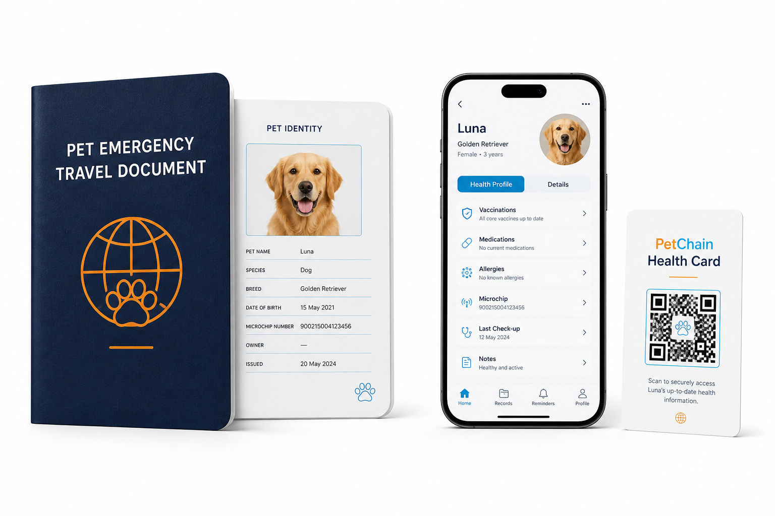 Pet Emergency Travel Document and a pet identity page